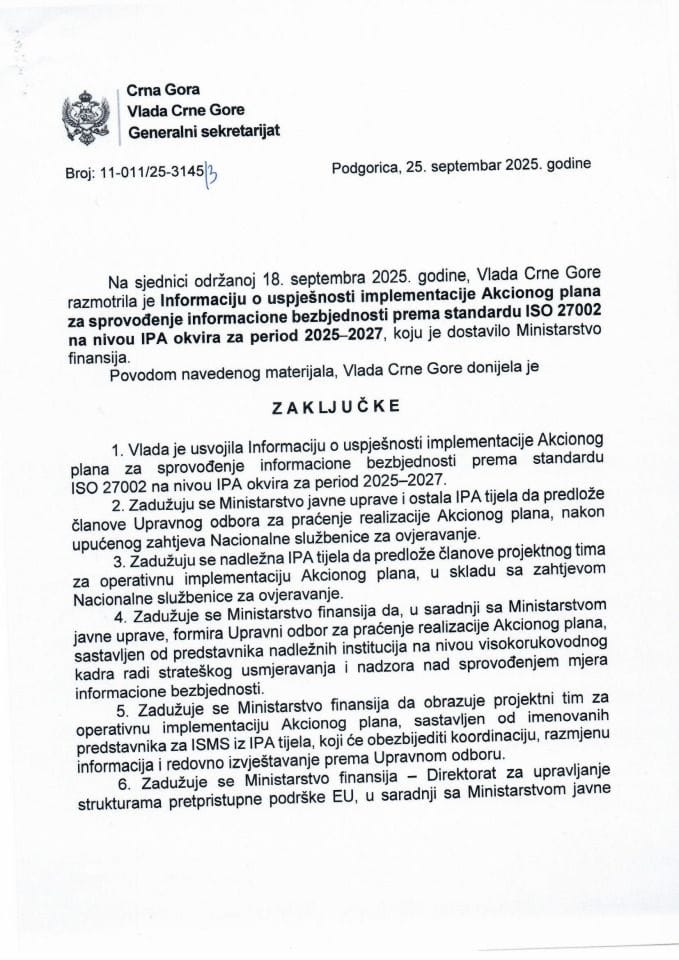 Информација о успјешности имплементације Акционог плана за спровођење информационе безбједности према стандарду ISO 27002 на нивоу IPA оквира за период 2025-2027. - Закључци