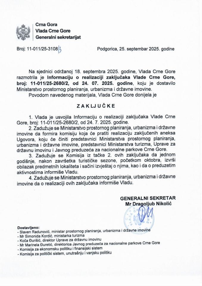 Информација о реализацији закључака Владе Црне Горе, број: 11-011/25-2680/2, од 24.07.2025. године - Закључци