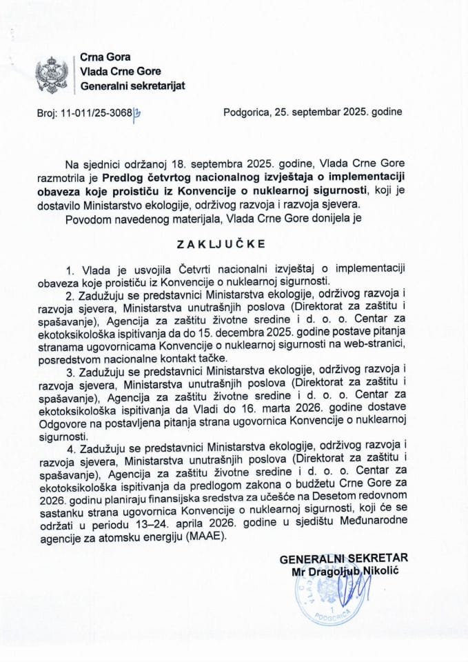 Предлог четвртог националног извјештаја о имплементацији обавеза које проистичу из Конвенције о нуклеарној сигурности - Закључци