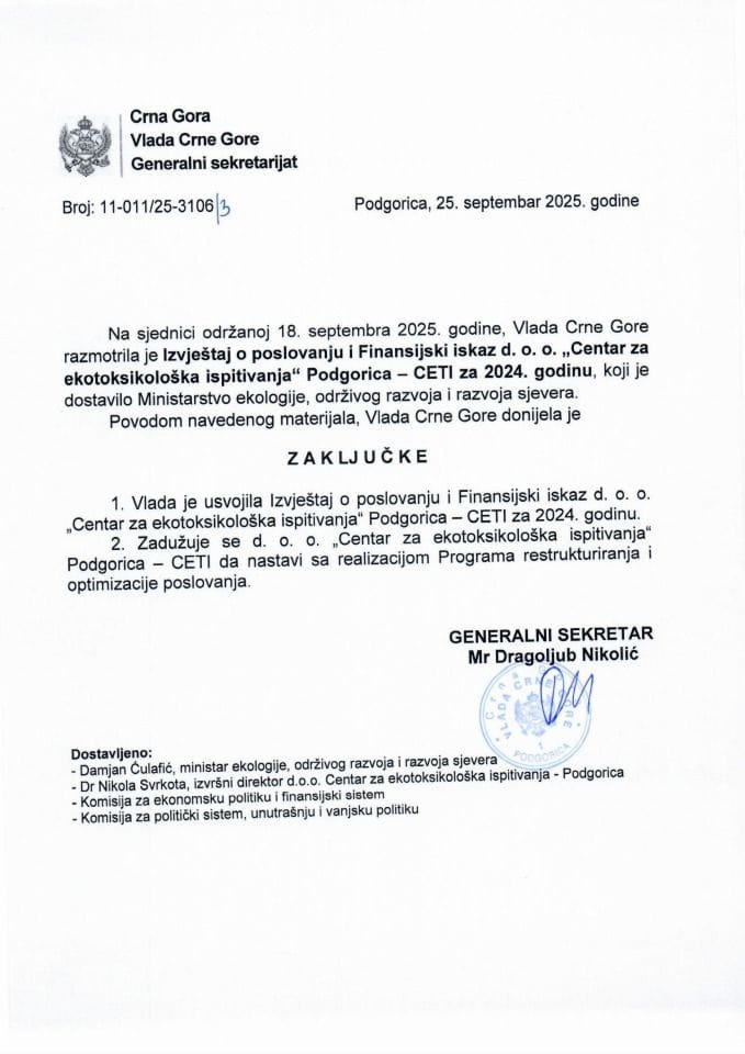 Извјештај о пословању и Финансијски исказ Д.О.О. „Центар за екотоксиколошка испитивања“ Подгорица - ЦЕТИ за 2024. годину - Закључци