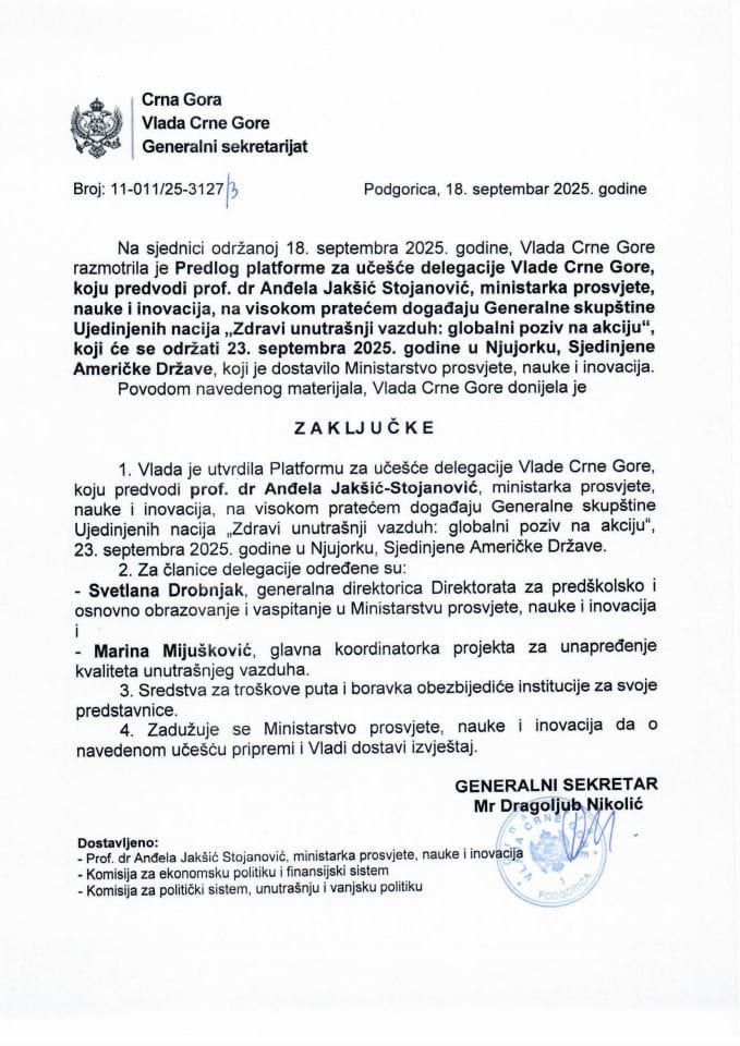 Предлог платформе за учешће делегације Владе ЦГ, коју предводи проф. др Анђела Јакшић-Стојановић, на високом пратећем догађају Генералне скупштине Уједињених нација „Здрави унутрашњи ваздух: Глобални позив на акцију“ - Закључци