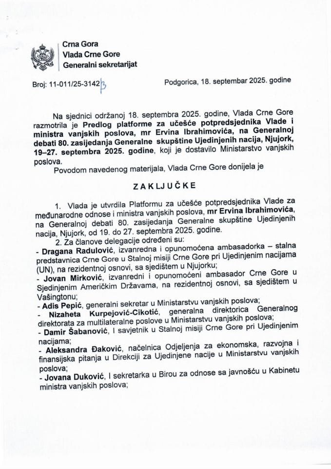 Предлог платформе за учешће потпредсједника Владе и министра вањских послова мр Ервина Ибрахимовића на Генералној дебати 80. засиједања Генералне скупштине Уједињених нација, Њујорк, 19 – 27. септембра 2025. године - Закључци