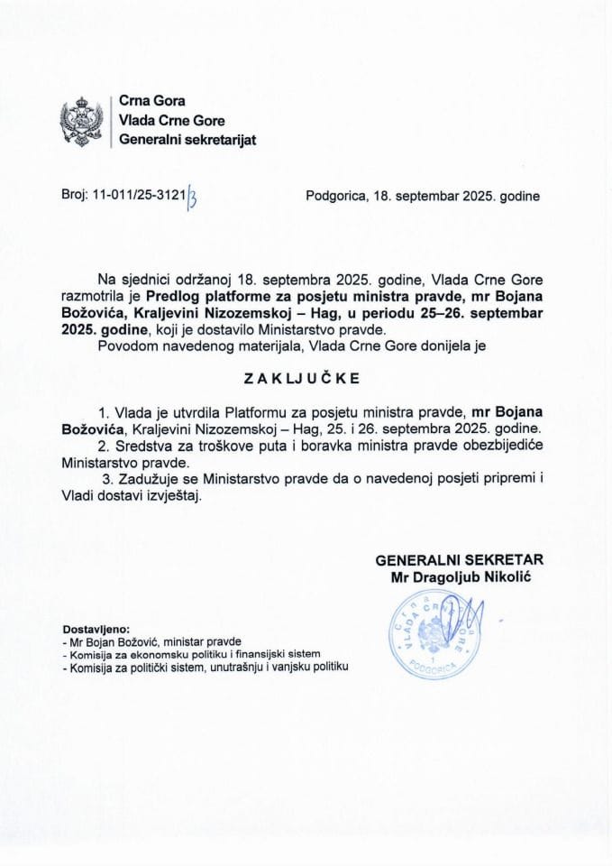 Предлог платформе за посјету министра правде мр Бојана Божовића Краљевини Низоземској - Хаг, у периоду 25-26. септембар 2025. године - Закључци