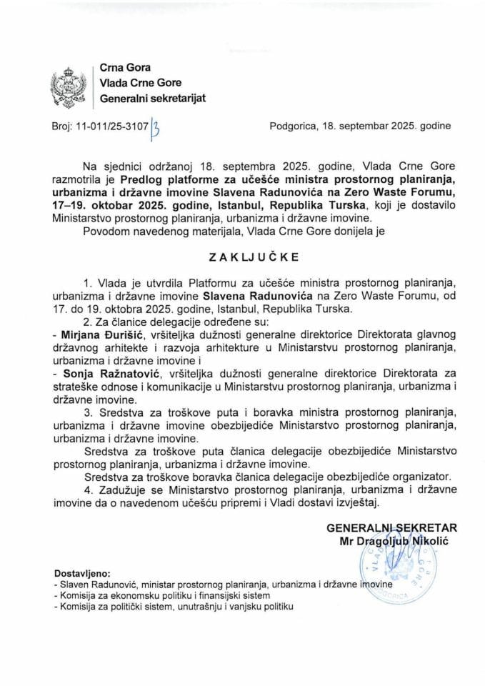 Predlog platforme za učešće ministra prostornog planiranja, urbanizma i državne imovine, Slavena Radunovića, na Zero Waste Forumu, 17-19. oktobar 2025. godine, Istanbul, Republika Turska - Zaključci