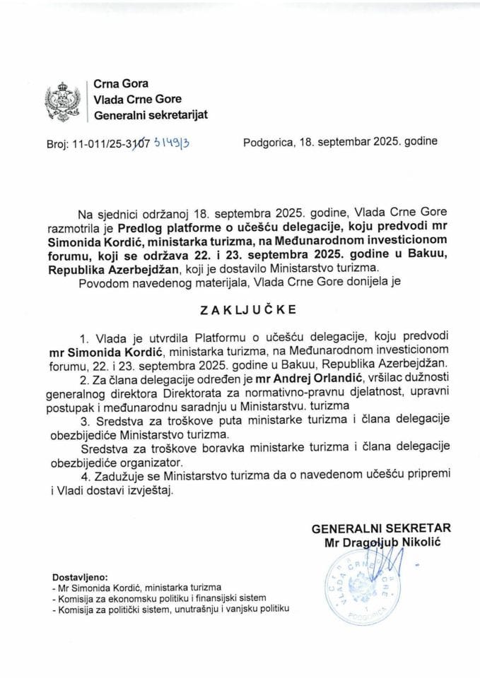 Предлог платформе о учешћу делегације, коју предводи мр Симонида Кордић, министарка туризма, на Међународном инвестиционом форуму, који се одржава 22. и 23. септембра 2025. године, у Баку-у, Република Азербејџан - Закључци