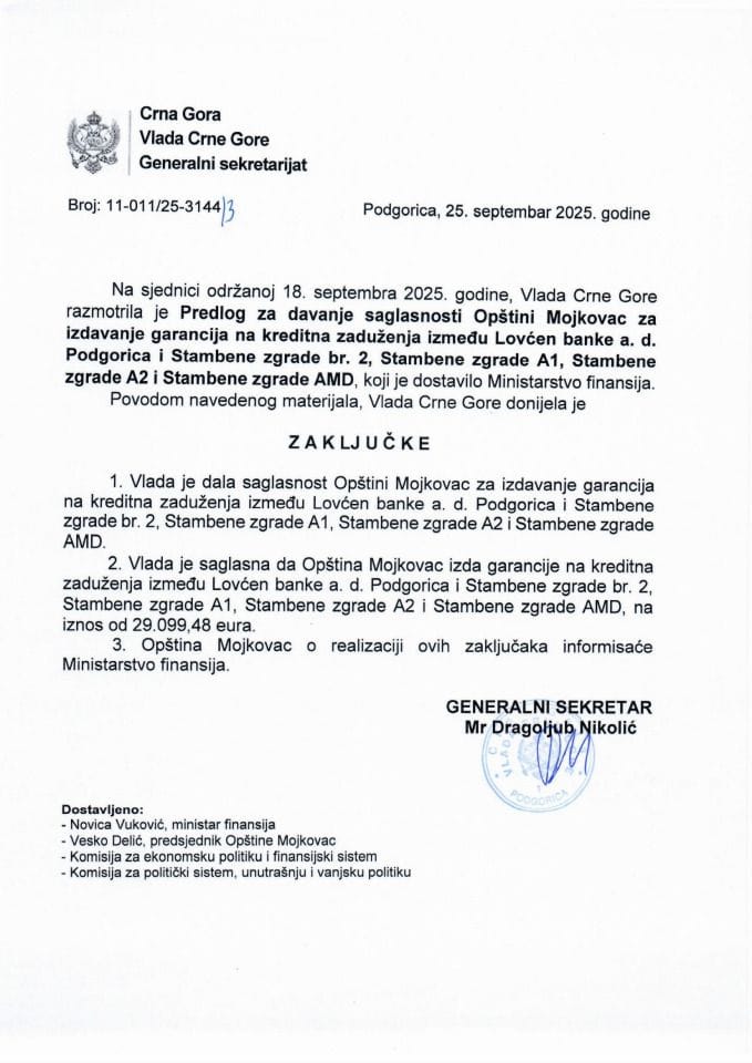 Предлог за давање сагласности Општини Мојковац за издавање гаранција на кредитна задужења између Ловћен банке АД Подгорица и Стамбене зграде бр.2, Стамбене зграде А1, Стамбене зграде А2 и Стамбене зграде АМД - Закључци
