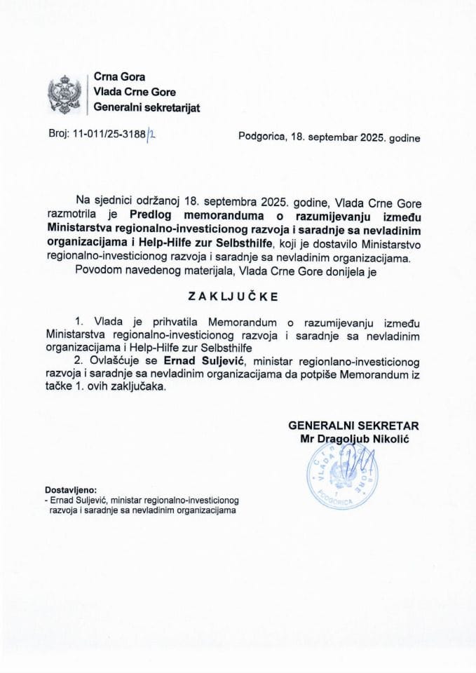 Предлог меморандума о разумијевању између Министарства регионално-инвестиционог развоја и сарадње са невладиним организацијама и Help-Hilfe zur Selbsthilfe - Закључци