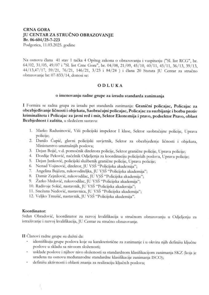 Одлука - радна група - СЗ Безбједност и заштитта