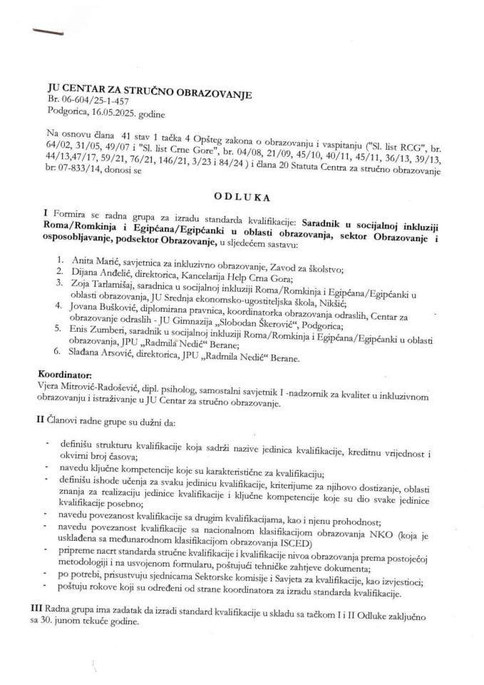 Odluka - radna grupa SK podsektor Obrazovanje