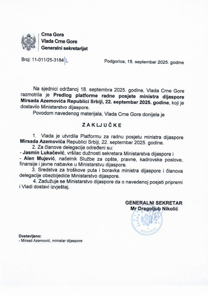 Предлог платформе радне посјете министра дијаспоре Мирсада Аземовића Републици Србији, 22. септембар 2025. године - Закључци