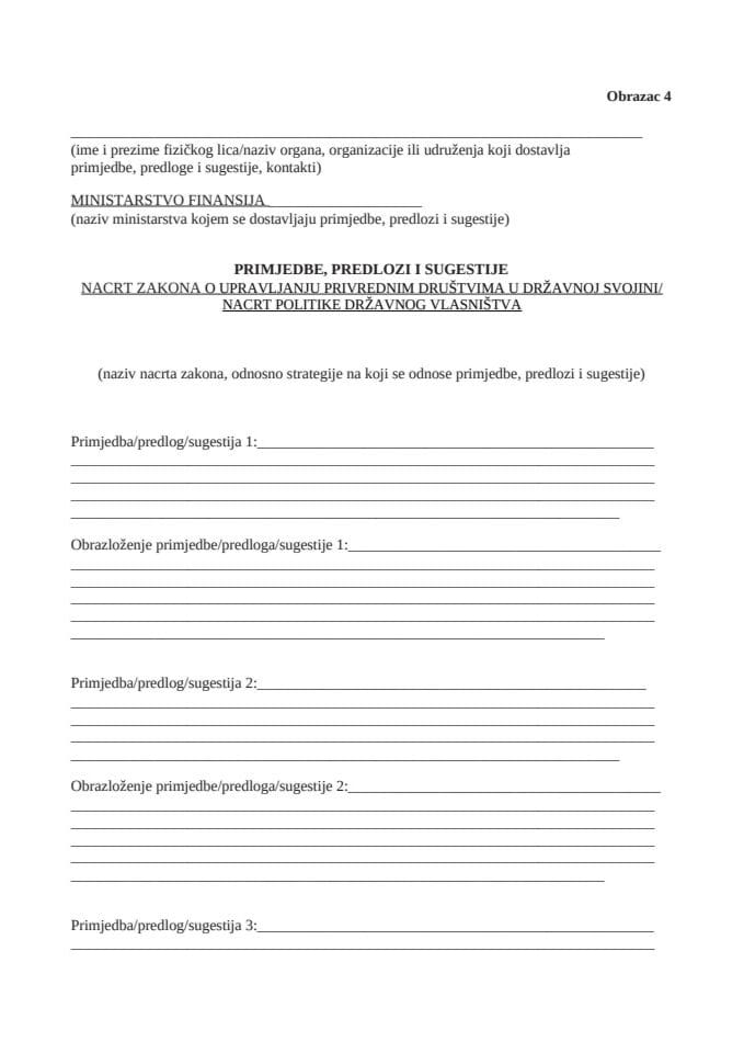 Obrazac za dostavljanje prijedloga, sugestija i komentara na Nacrt zakona