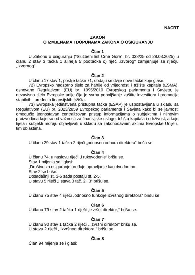 Нацрт закона о измјенама и допунама Закона о осигурању