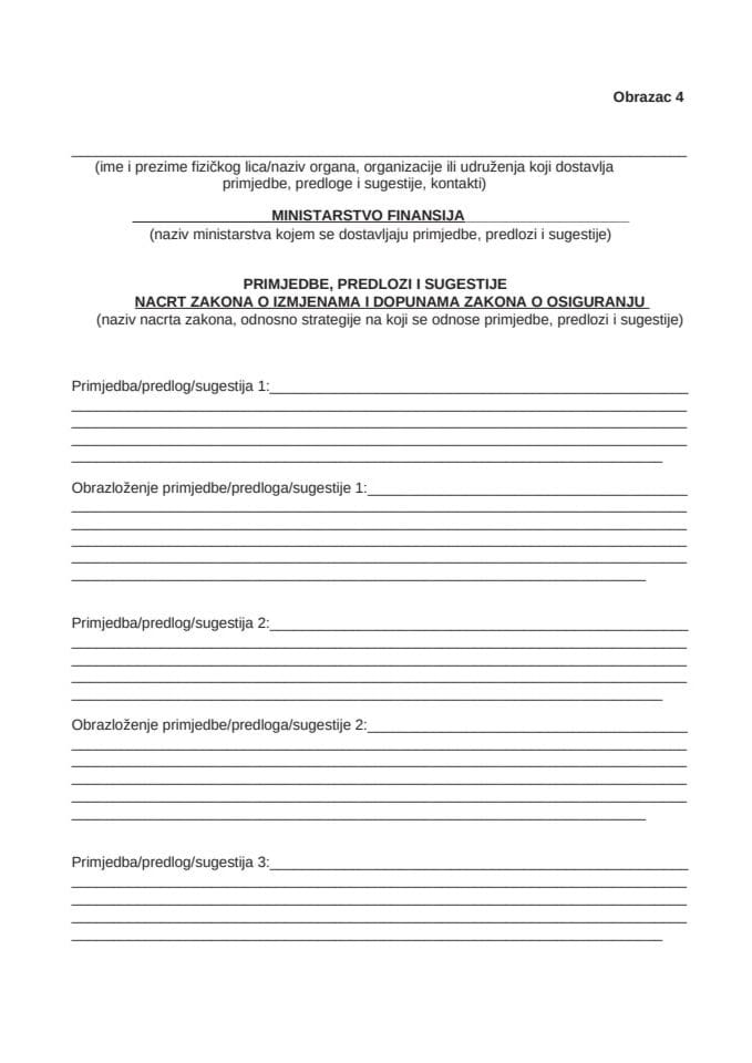 Obrazac za dostavljanje prijedloga, sugestija i komentara na Nacrt zakona
