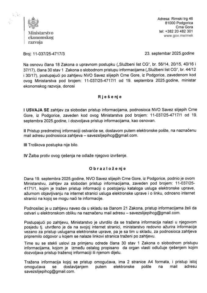 Рјешење и информација НВО Савез слијепих Црне Горе 4717
