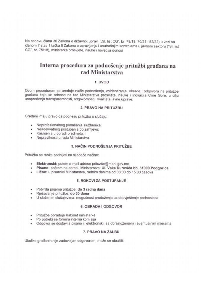 Interna procedura za podnošenje pritužbi građana na rad Ministarstva