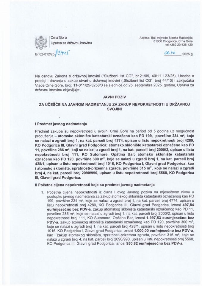 Javni poziv - za učešće na javnom nadmetanju za zakup nepokretnosti u državnoj svojini