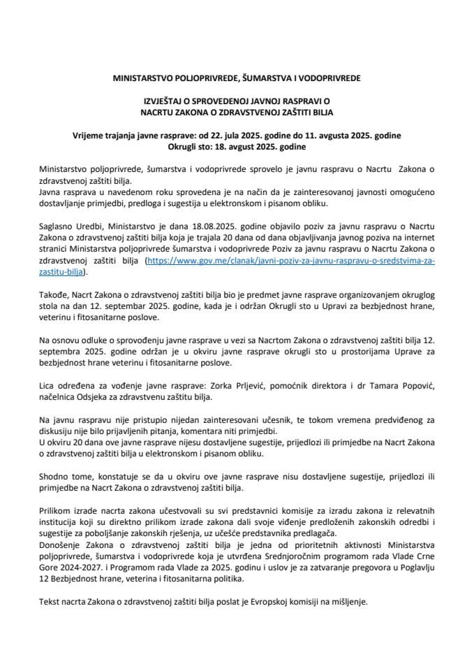 Izvjestaj sa javne rasprave Zakon o zdravstvenoj zaštiti bilja