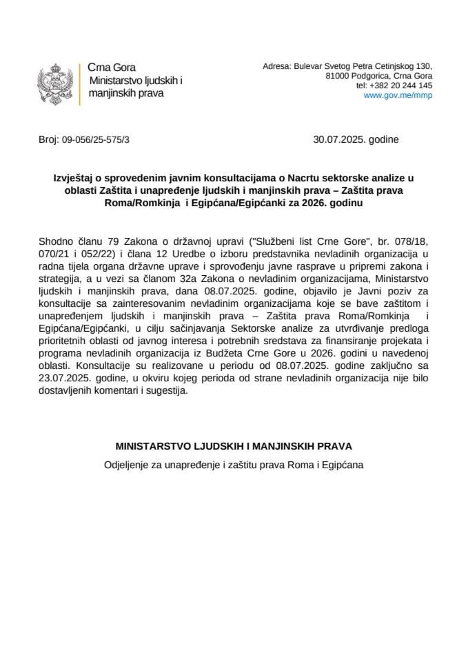 Izvještaj o sprovedenim javnim konsultacijama o Nacrtu sektorske analize u oblasti Zaštita i unapređenje ljudskih i manjinskih prava – Zaštita prava Roma/Romkinja  i Egipćana/Egipćanki za 2026.