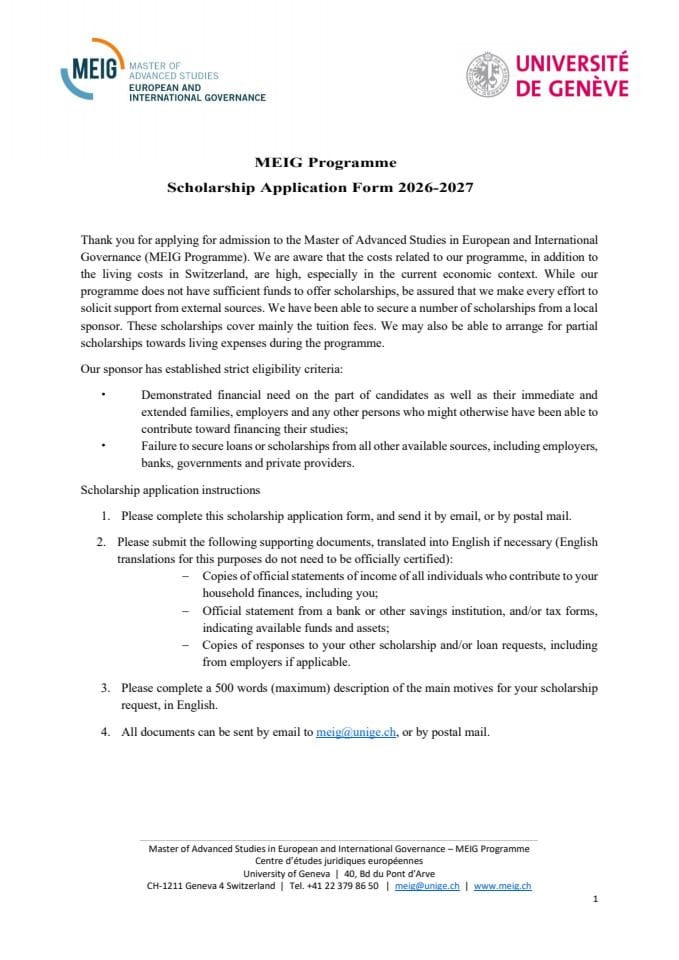 Propozicije konkursa za Stipendije za Master program na Univerzitetu u Ženevi za akademsku 2026/2027. godinu