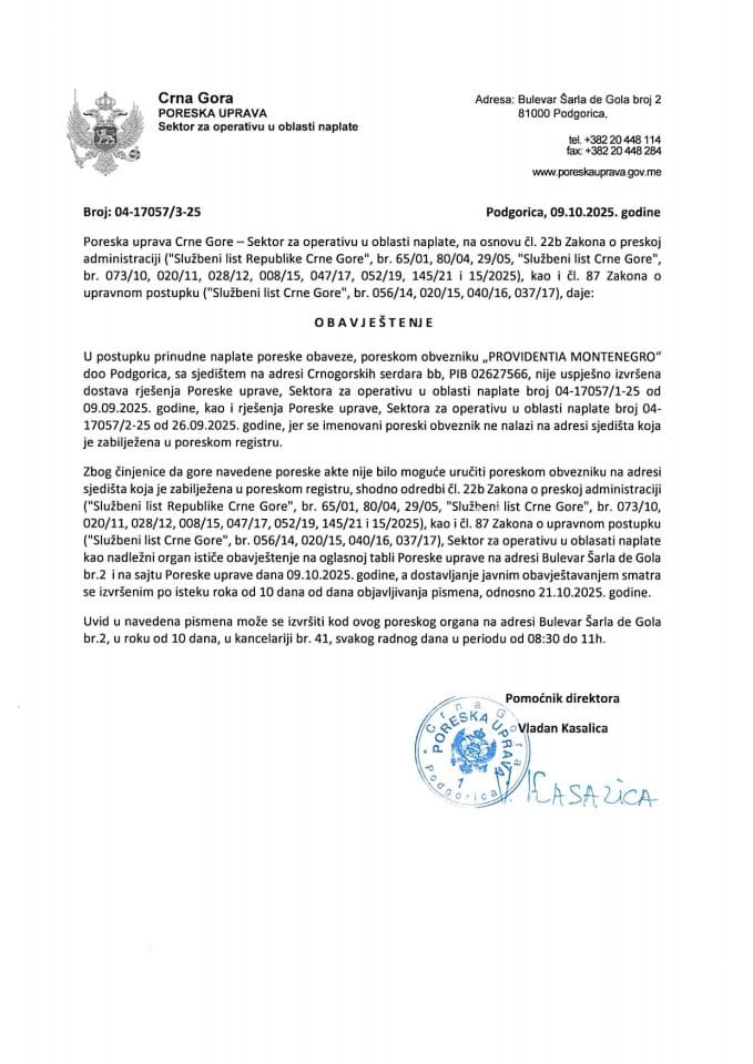 Obavjestenje za oglasnu tablu br 04-17057_3-25 DOO PROVIDENTIA MONTENEGRO