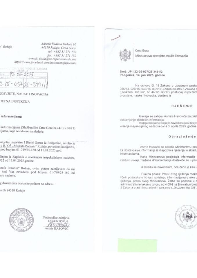 Zahtjev i rješenje - Izvještaj inspekcijskog nadzora JU OŠ "Mustafa Pećanin Rožaje"