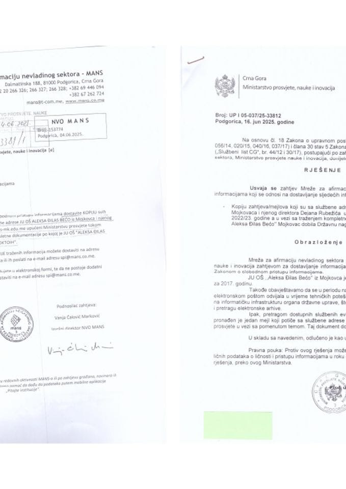 Zahtjev i rješenje - JU OŠ "Aleksa Đilas Bećo"