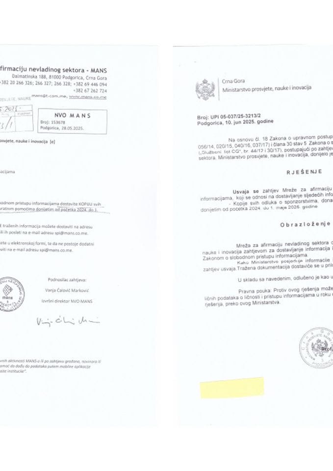 Zahtjev i rješenje - Kopije odluka o donacijama, sponzorstvima i bespovratnim pomoćima