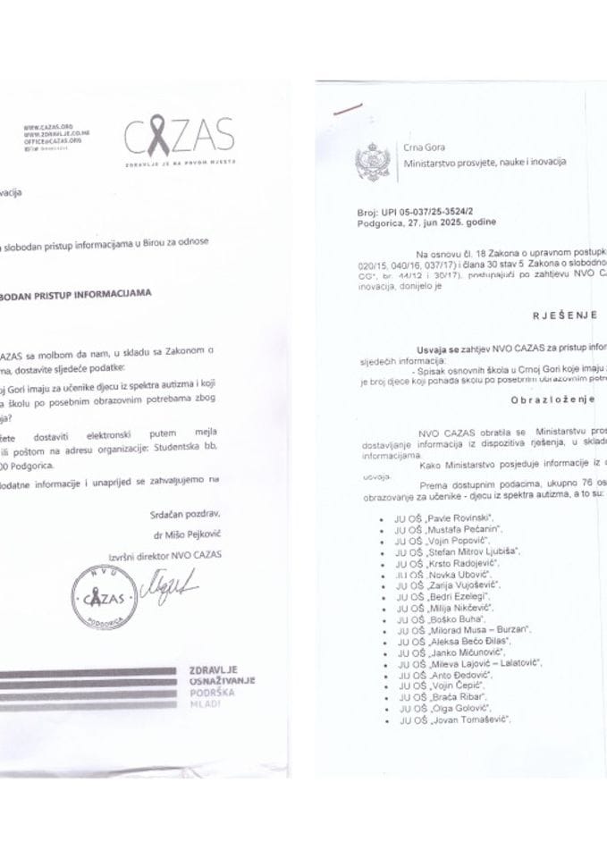 Zahtjev i rješenje - Spisak OŠ koje pohađaju učenici - djeca iz spektra autizma