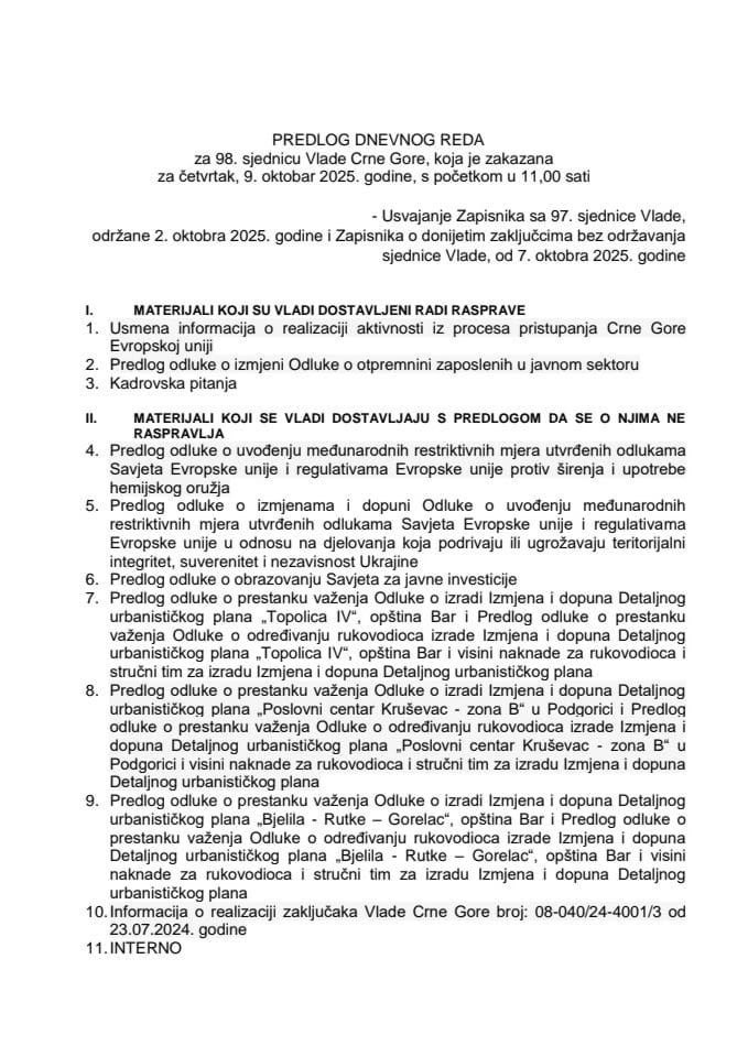 Предлог дневног реда за 98. сједницу Владе Црне Горе