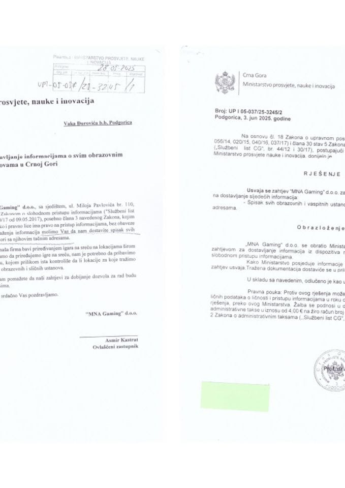 Zahtjev i rješenje - Spisak svih ustanova obrazovanja sa tačnim adresama