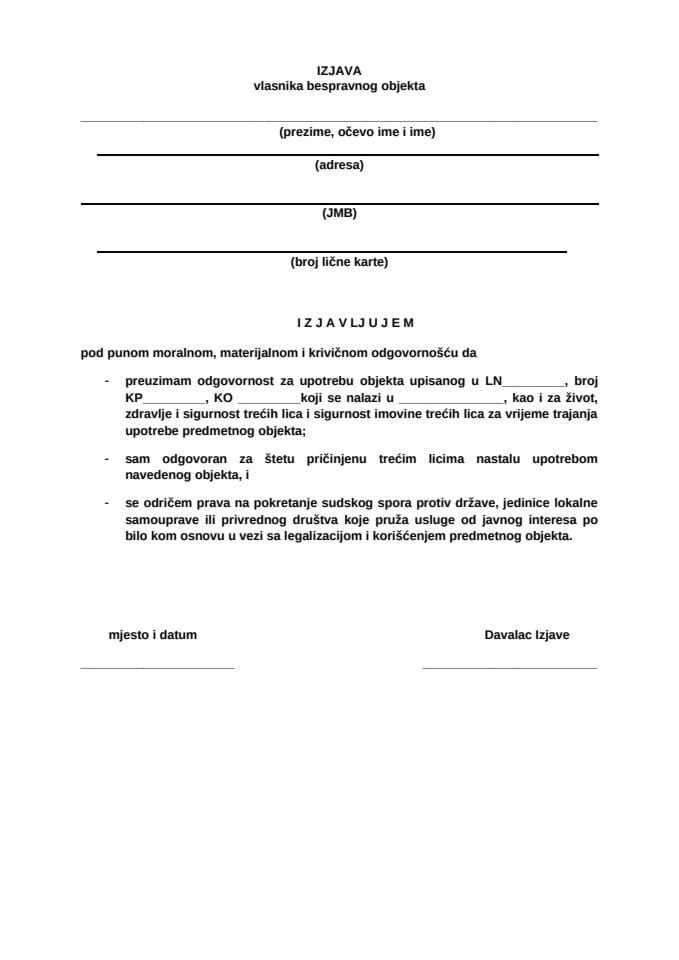 Izjava vlasnika bespravnog objekta