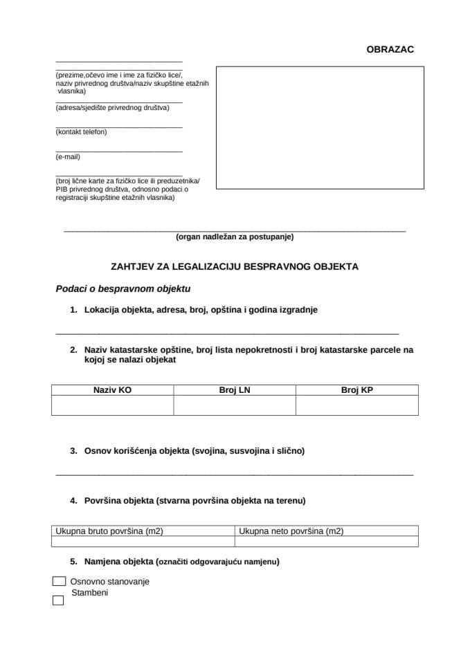 zahtjev za legalizaciju bespravnog objekta