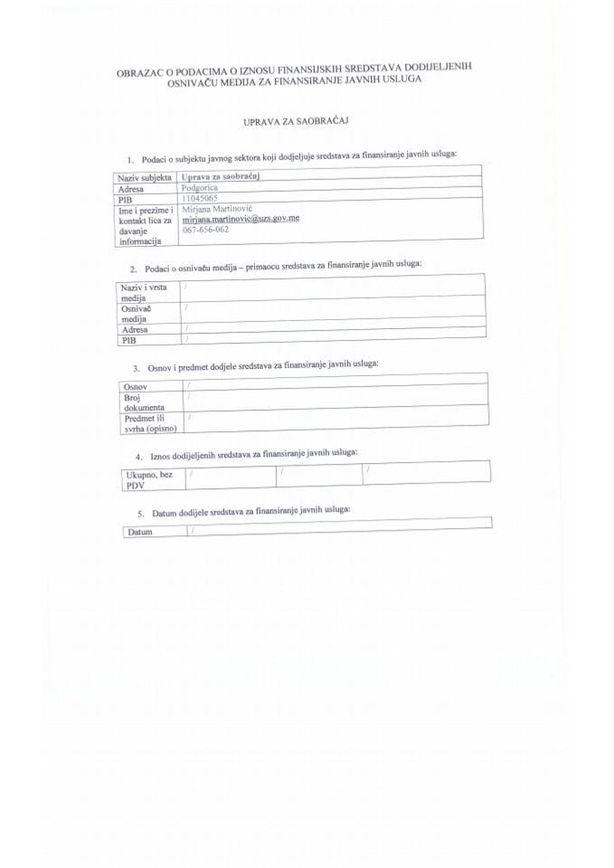 Obrazac o podacima o iznosu finansijskih sredstava dodijeljenih osnivaču medija za finansiranje javnih usluga - subjekti javnog sektora