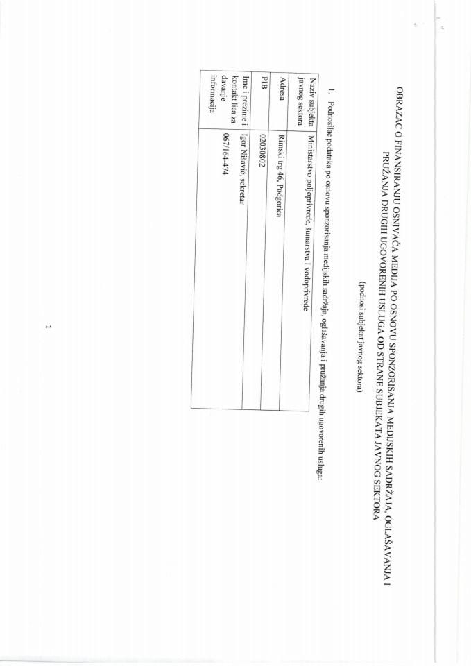 Obrazac o finansiranju osnivača medija po osnovu sponzorisanja medijskih sadržaja, oglašavanja i pružanju drugih usluga od strane subjekata javnog sektora