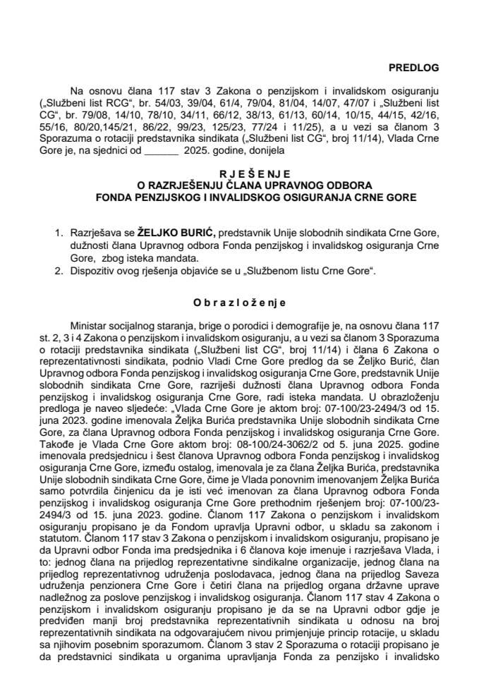 Predlog za razrješenje člana Upravnog odbora Fonda penzijskog i invalidskog osiguranja Crne Gore