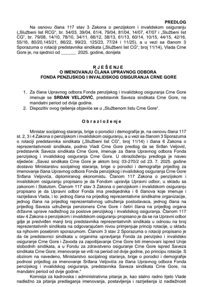 Predlog za imenovanje člana Upravnog odbora Fonda penzijskog i invalidskog osiguranja Crne Gore