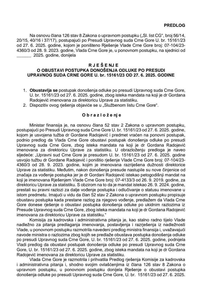 Predlog za obustavljanje postupka donošenja odluke po presudi Upravnog suda Crne Gore