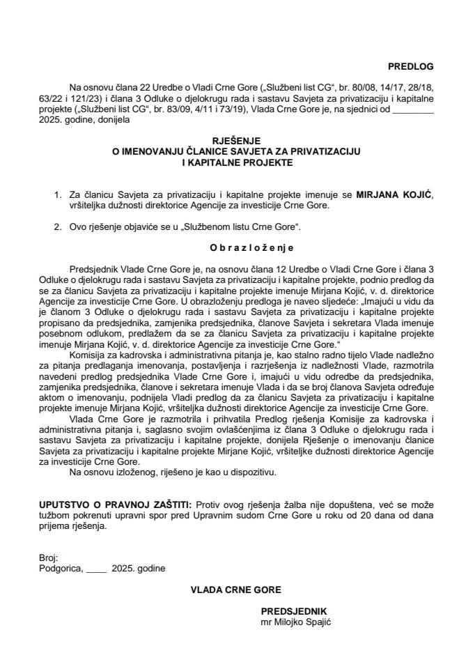 Predlog za imenovanje članice Savjeta za privatizaciju i kapitalne projekte