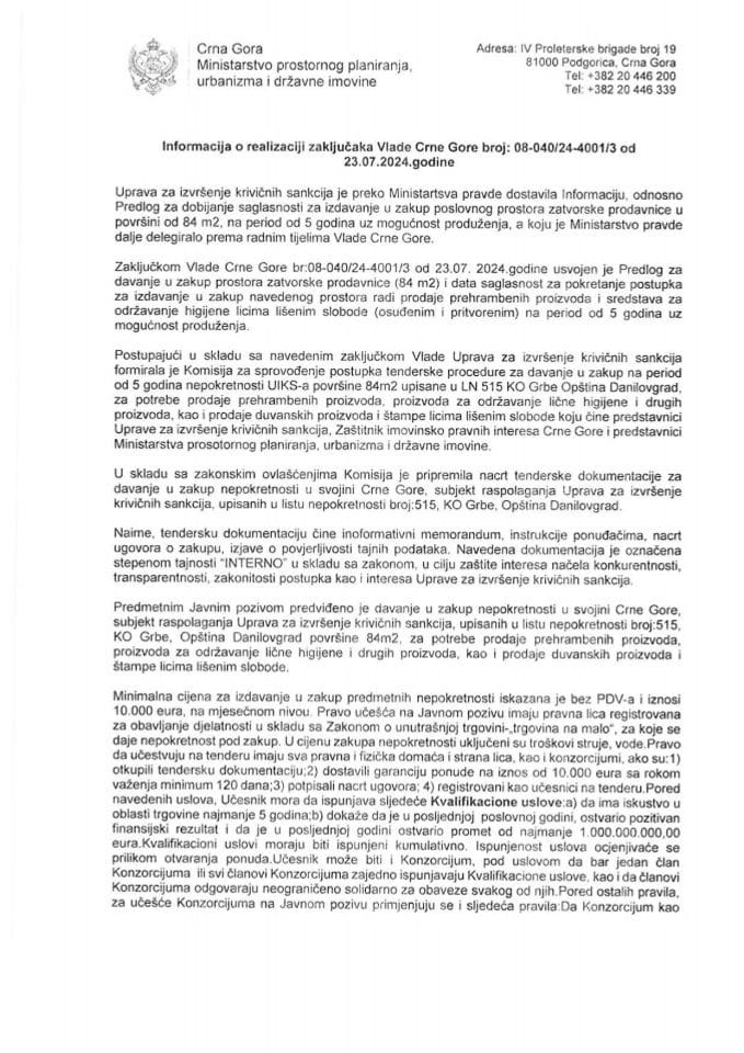 Informacija o realizaciji zaključaka Vlade Crne Gore broj: 08-040/24-4001/3 od 23.07.2024. godine