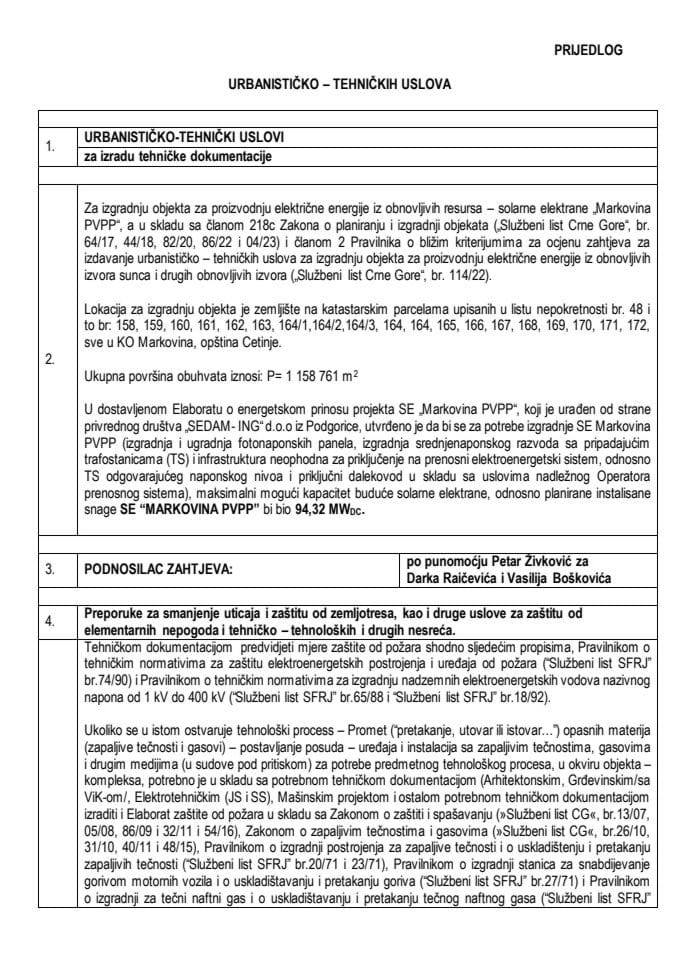 Predlog urbanističko-tehničkih uslova za izradu tehničke dokumentacije za izgradnju objekta za proizvodnju električne energije iz obnovljivih resursa – solarne elektrane „SE Markovina PVPP“