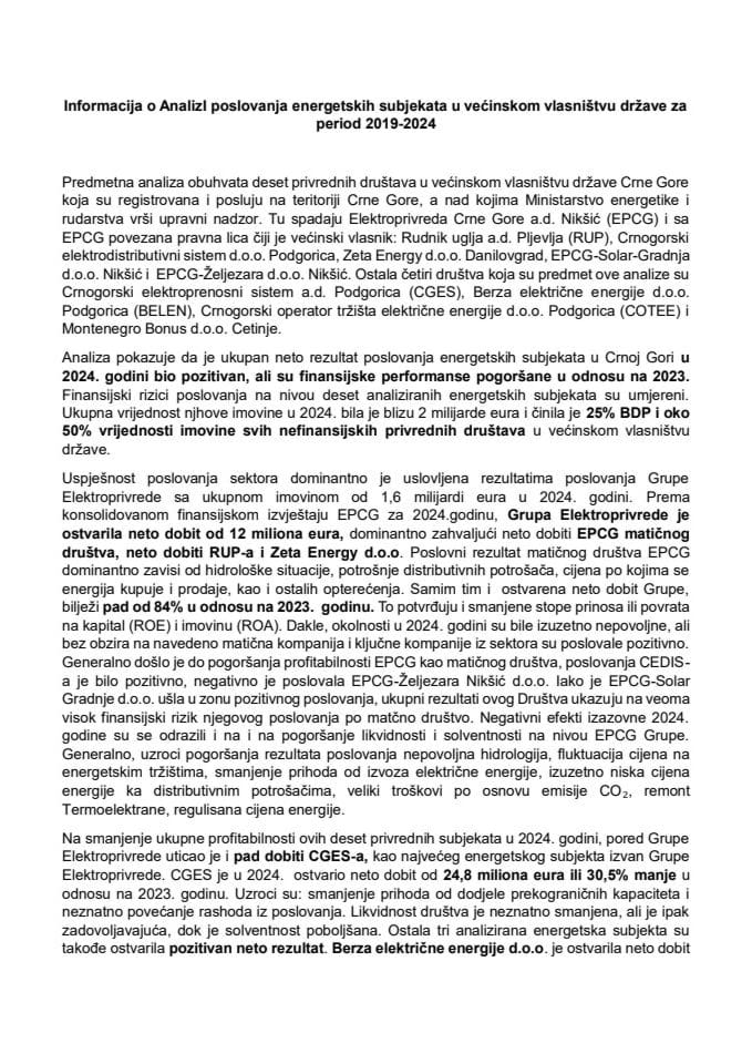 Informacija o Analizi poslovanja energetskih subjekata u većinskom vlasništvu države za period 2019-2024 sa Predlogom analize poslovanja