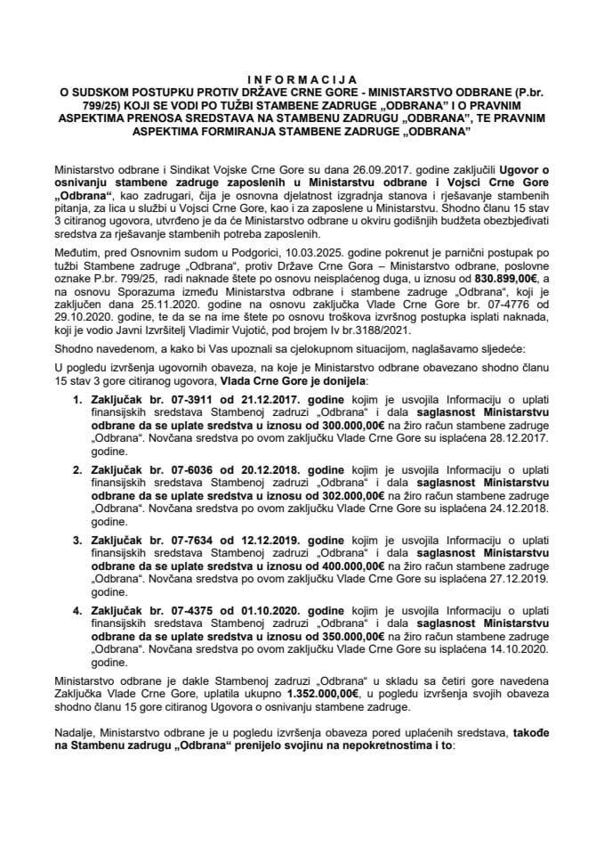 Informacija o sudskom postupku protiv Države Crne Gore - Ministarstvo odbrane (P. br. 799/25), koji se vodi po tužbi Stambene zadruge „Odbrana“ i o pravnim aspektima prenosa sredstava na Stambenu zadrugu „Odbrana“