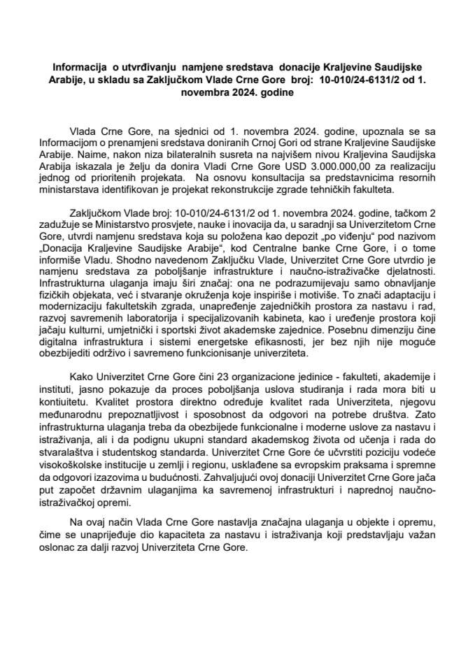 Informacija o utvrđivanju namjene sredstava donacije Kraljevine Saudijske Arabije, u skladu sa Zaključkom Vlade Crne Gore broj: 10-010/24-6131/2 od 1. novembra 2024. godine