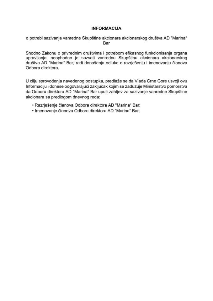 Informacija o potrebi sazivanja vanredne Skupštine akcionara akcionarskog društva AD „Marina“ Bar