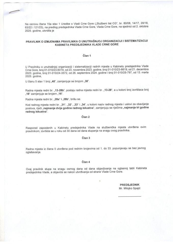 Predlog pravilnika o izmjeni Pravilnika o unutrašnjoj organizaciji i sistematizaciji Kabineta predsjednika Vlade Crne Gore