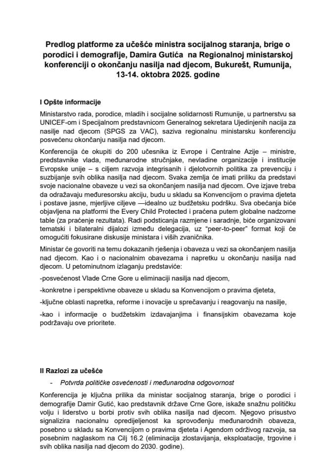 Predlog platforme za učešće ministra socijalnog staranja, brige o porodici i demografije, Damira Gutića na Regionalnoj ministarskoj konferenciji o okončanju nasilja nad djecom, Bukurešt, Rumunija, 13-14. oktobra 2025. godine