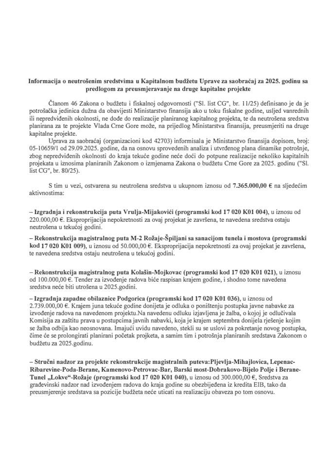 Informacija o neutrošenim sredstvima u Kapitalnom budžetu Uprave za saobraćaj za 2025. godinu sa predlogom za preusmjeravanje na druge kapitalne projekte