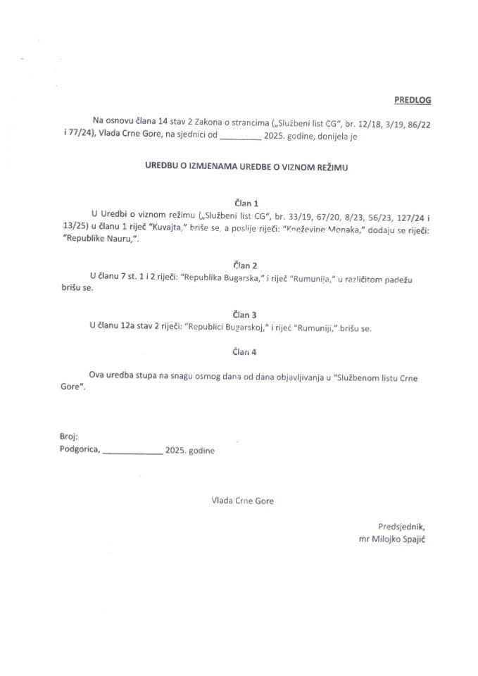 Predlog uredbe o izmjenama Uredbe o viznom režimu