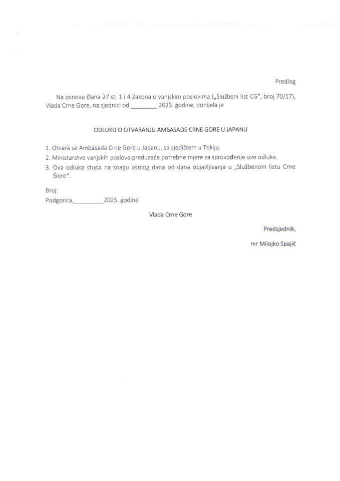 Predlog odluke o otvaranju Ambasade Crne Gore u Japanu