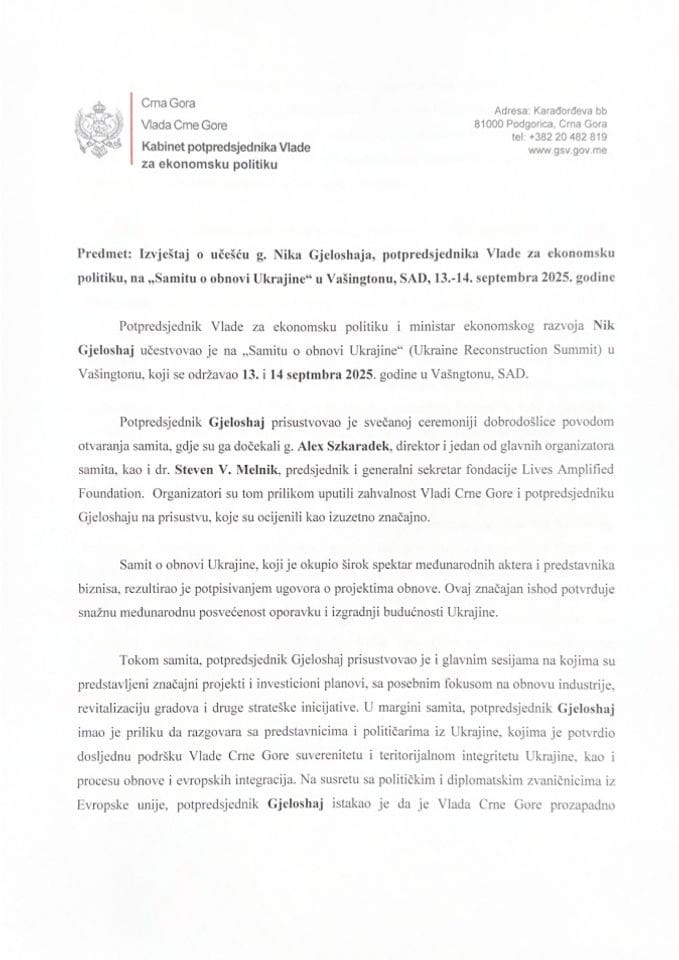 Izvještaj o učešću Nika Gjeloshaja, potpredsjednika Vlade za ekonomsku politiku, na „Samitu o obnovi Ukrajine“, u Vašingtonu, SAD, 13-14. septembra 2025. godine